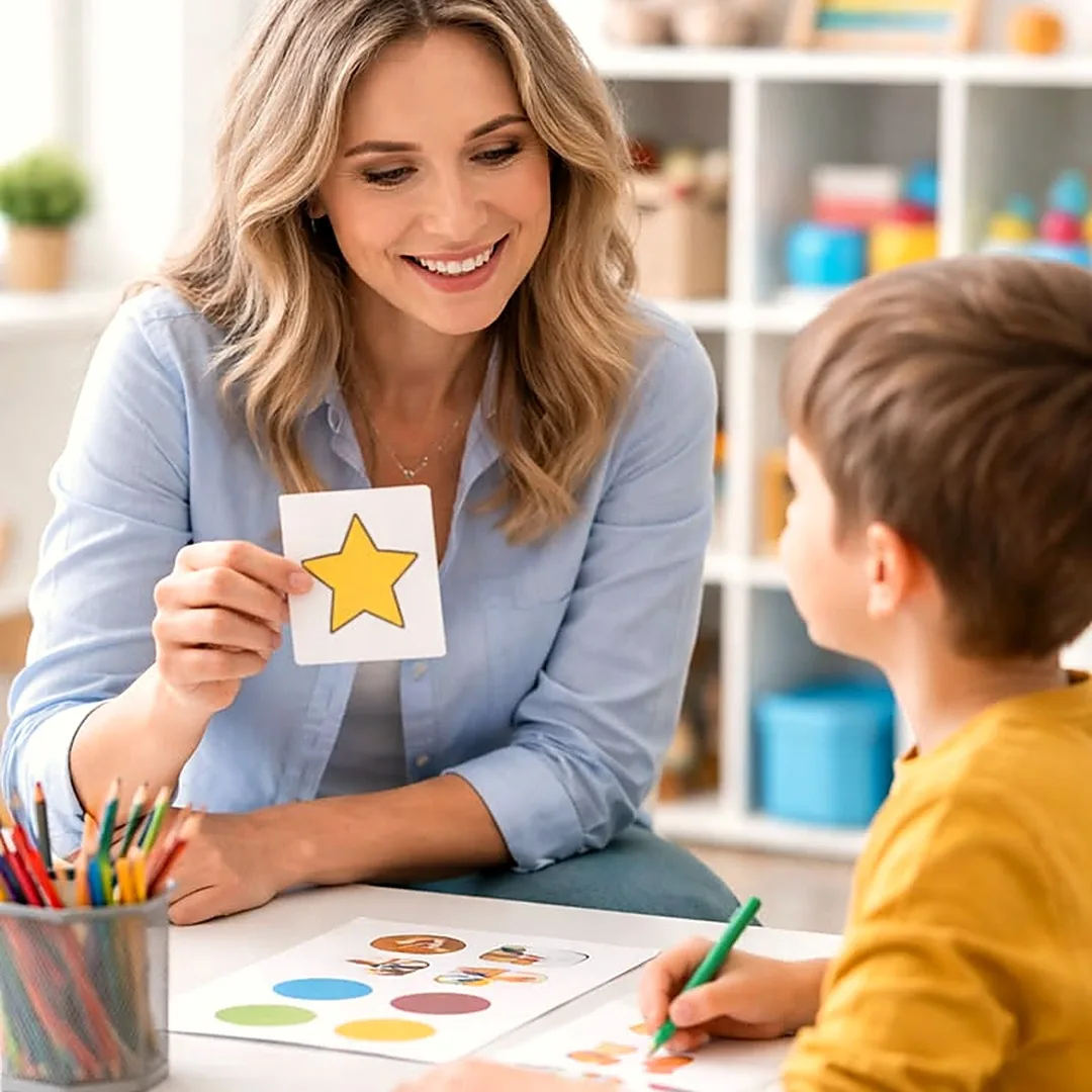 IMAGEN: speech pathologist at a small table with a child, a choice board with picture cards between them, therapy room with soft light