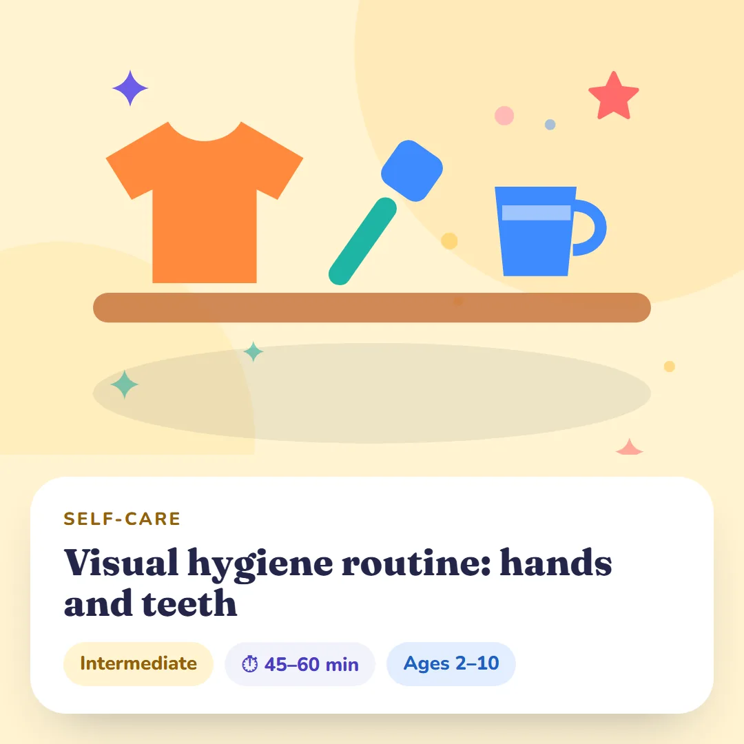 IMAGEN: category 5 of 9 — handwashing sequence with picture steps above a bathroom sink at home