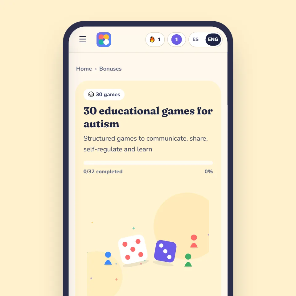 IMAGEN: mockup of bonus 1 of 6 — phone with the 30 educational games screen, a child's hands on turn-taking picture cards beside it