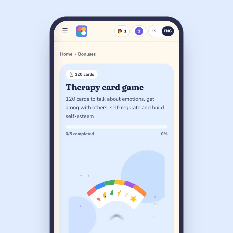 IMAGEN: mockup of bonus 2 of 6 — the therapy cards in 6 colours fanned out next to a phone showing a drawn card