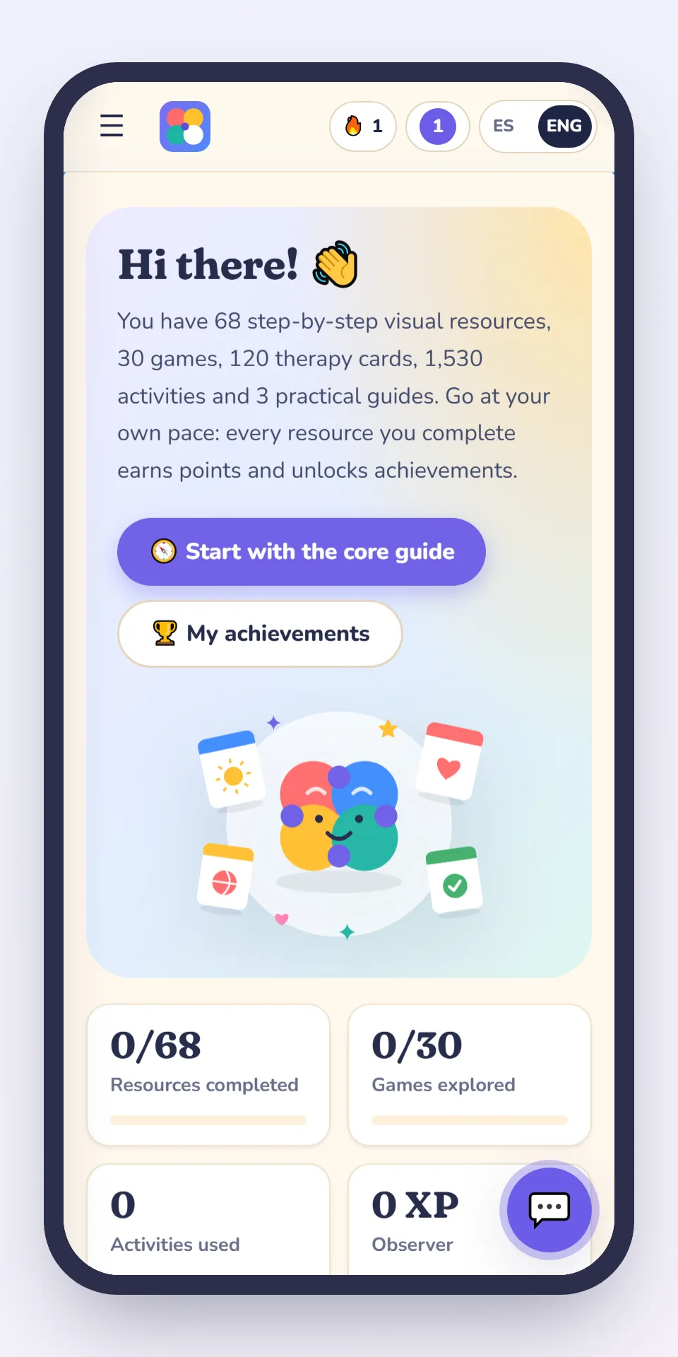 IMAGEN: real app screen 1 of 8 — the home screen: 68 resources, 30 games, 120 cards, 1,530 activities