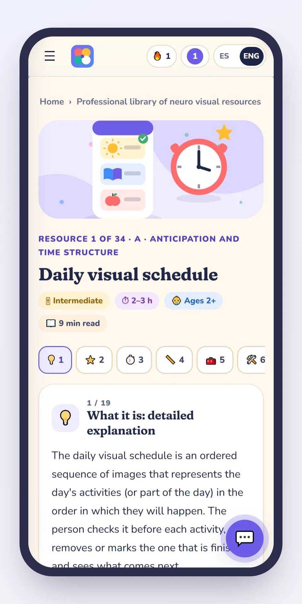 IMAGEN: real app screen 3 of 8 — a resource open: Daily visual schedule, with level, prep time and age