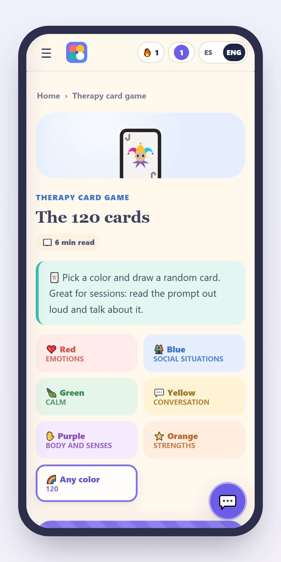 IMAGEN: real app screen 6 of 8 — the 120 therapy cards in 6 colours