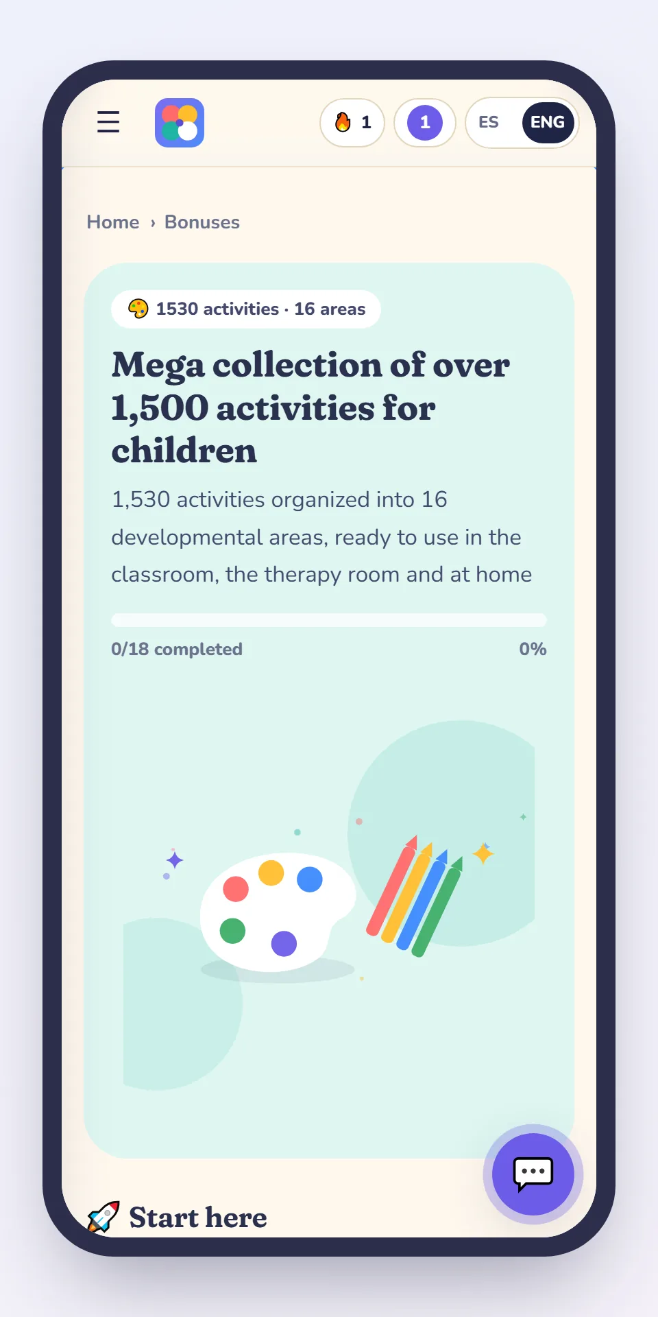 IMAGEN: real app screen 7 of 8 — the mega collection: 1,530 activities in 16 areas