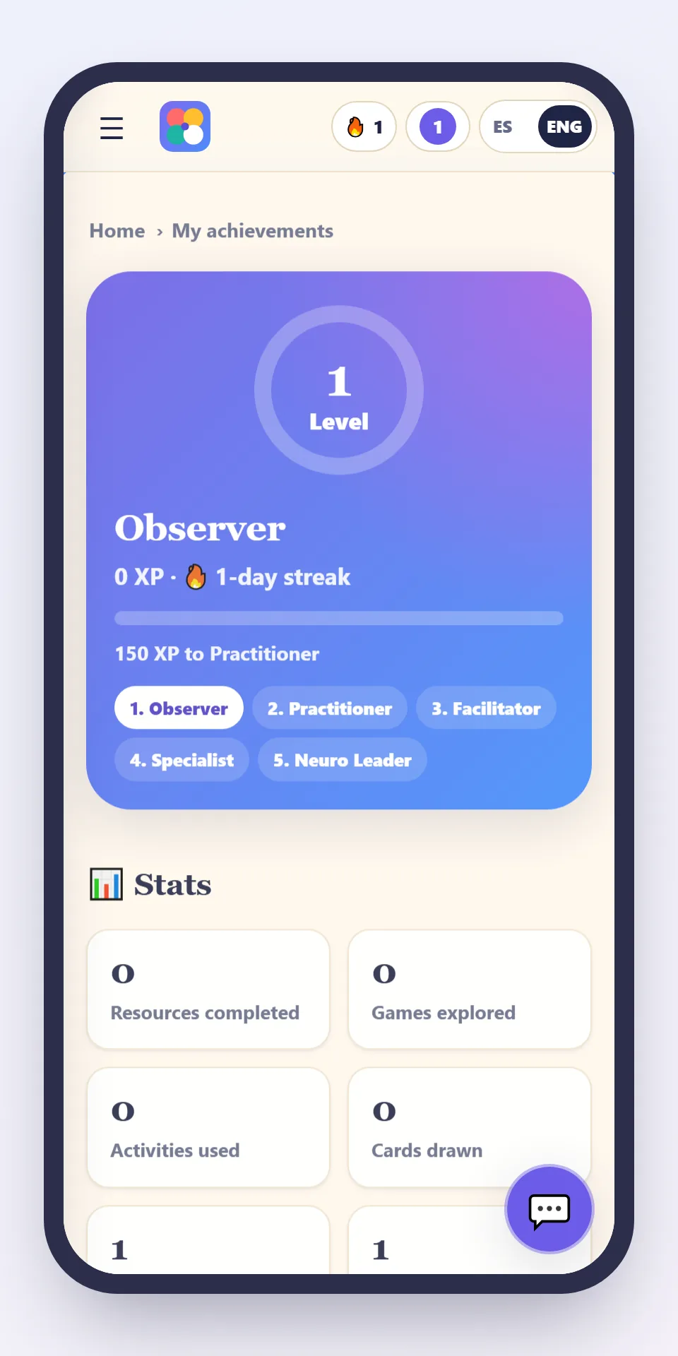 IMAGEN: real app screen 8 of 8 — My achievements: levels, streaks and badges